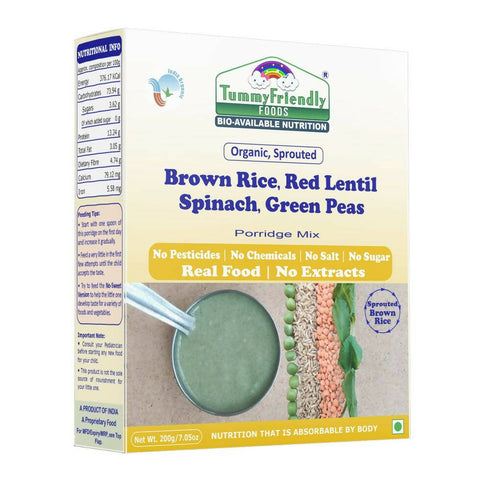 TummyFriendly Foods Certified Organic Sprouted Brown Rice | Red Lentil | Spinach | Green Peas Porridge Mix
